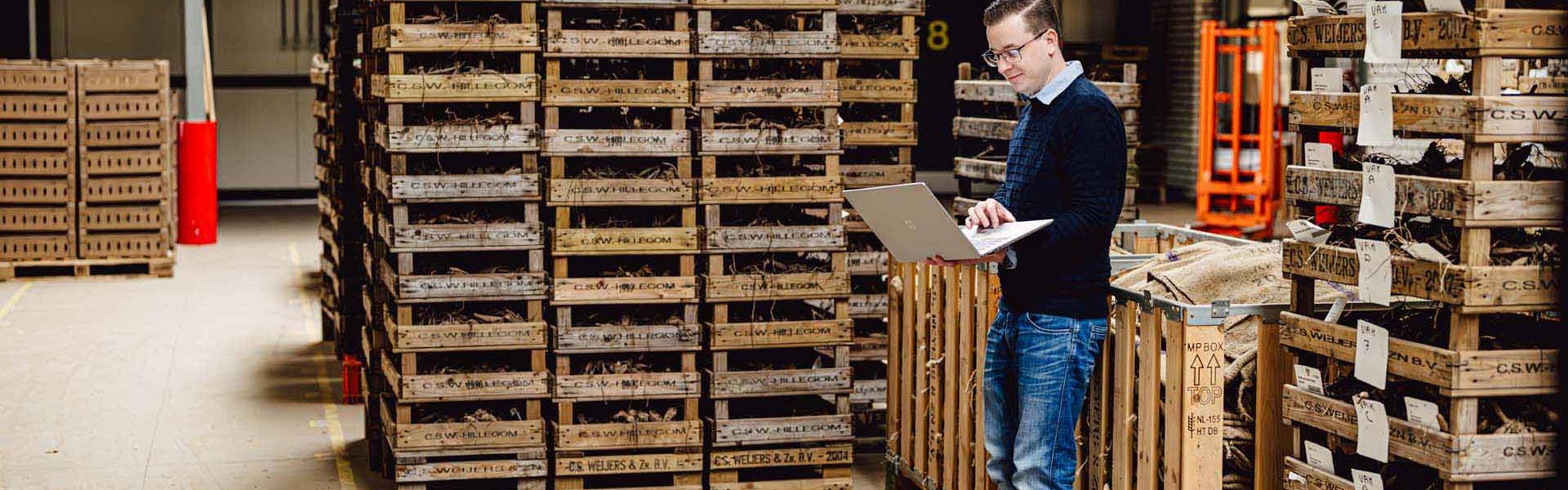 Man met laptop in zijn hand met als achtergrond verschillende kratten met bloembollen