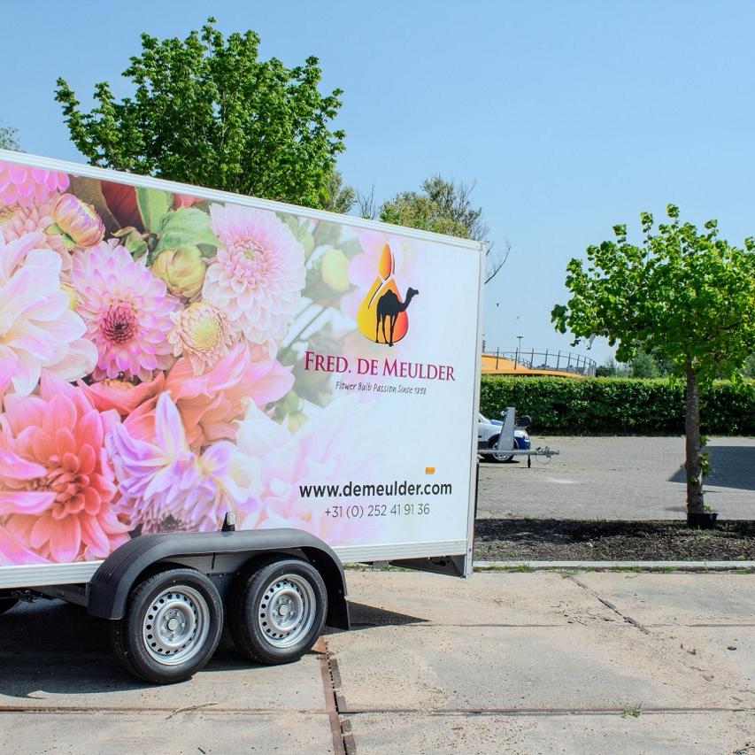 Aanhangwagen met dahlia-afbeeldingen en logo van Fred. de Meulder op bedrijventerrein.
