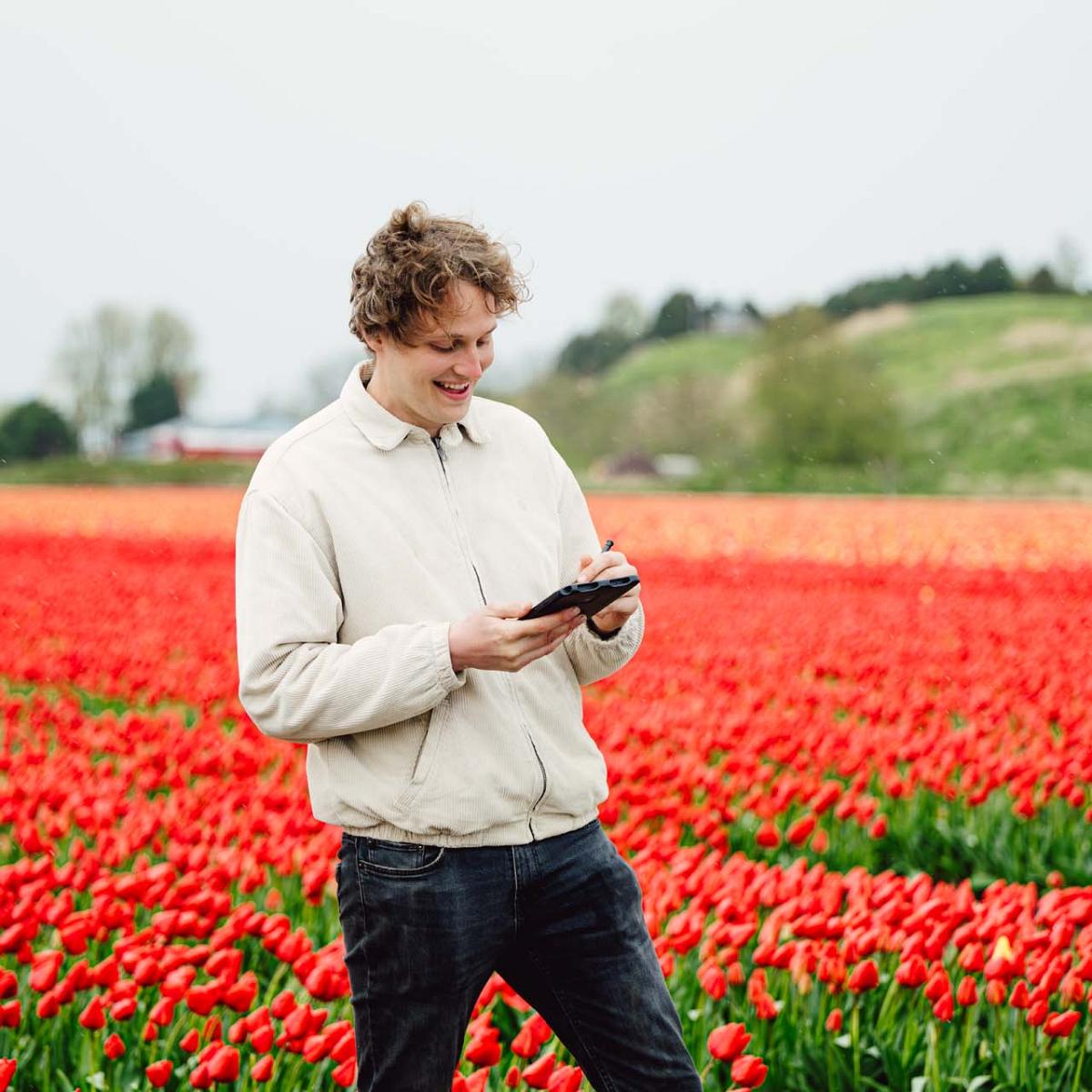 Jonge kweker staat in tulpenveld kijkend op de tablet in zijn handen.